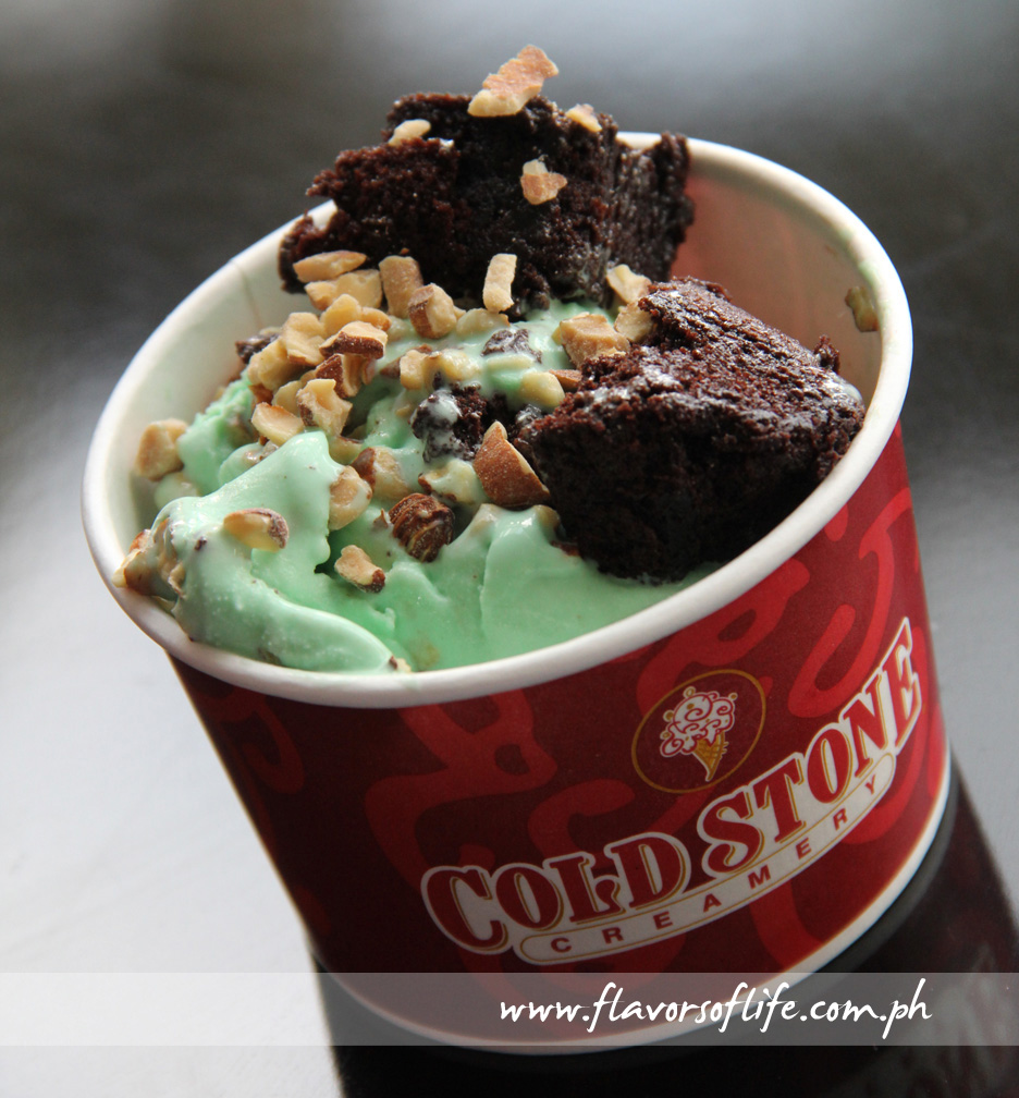 A "Create Your Own" ice cream which has Pistachio Ice Cream with Roasted Almonds and Brownie