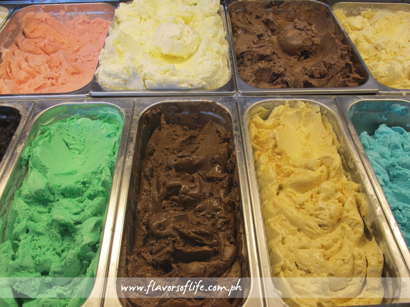 Delicious ice cream flavors by Cold Stone includes, front row, from left: Pistachio, Mocha and Salted Caramel. Back row, from left: Strawberry, Sweet Cream and Chocolate