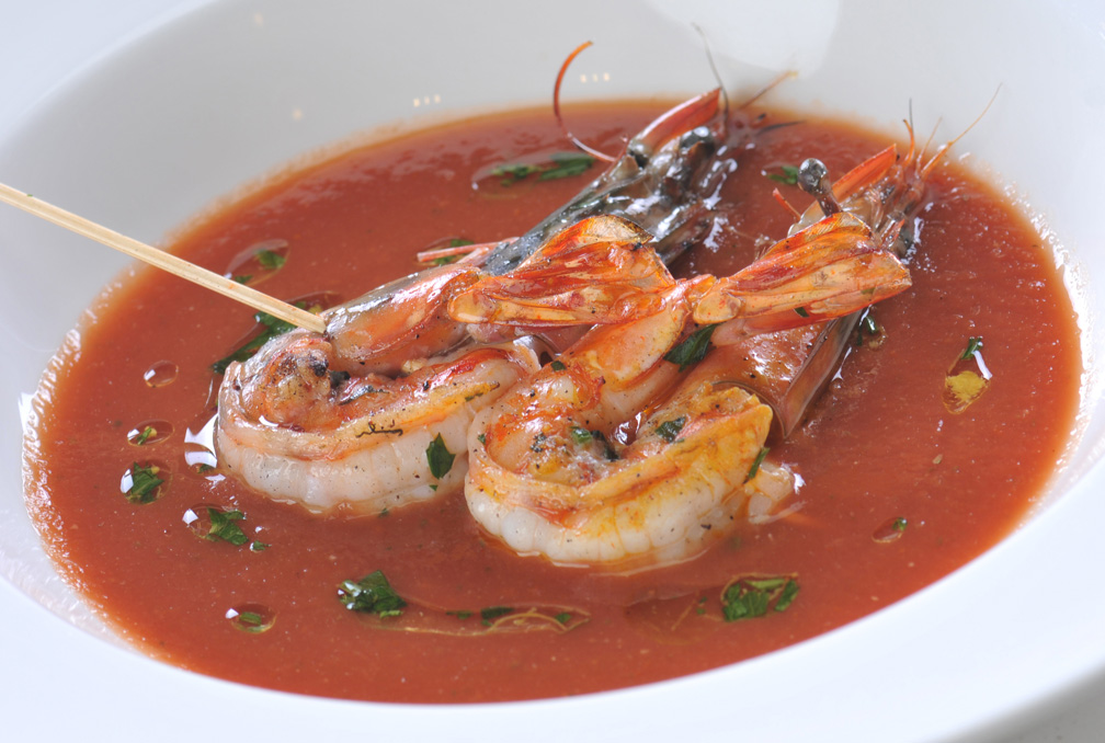 Grilled Prawns in Chilled Tomato Soup with Gremolata