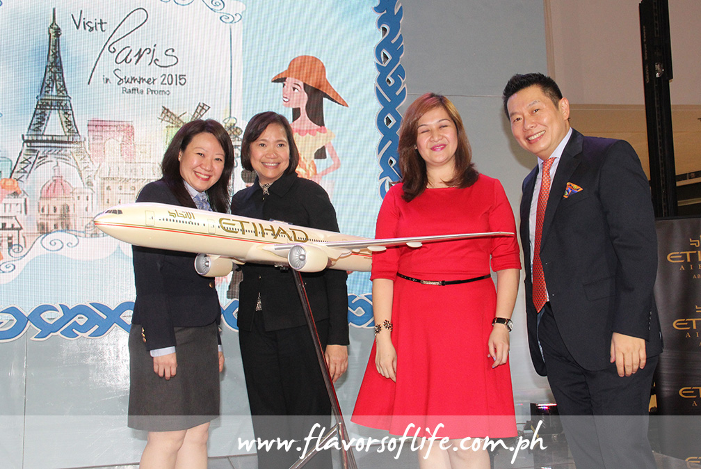 At the launch of The French Baker's 'Visit Paris in Summer 2015' raffle promo, from left: Insight Vacations' regional director Sheryl Lim, Rajah Travel Corporation's assistant managing director Bernie Arnaiz, and Etihad Airways' Jackie Gonzaga with The French Baker's founder and CEO Johnlu Koa