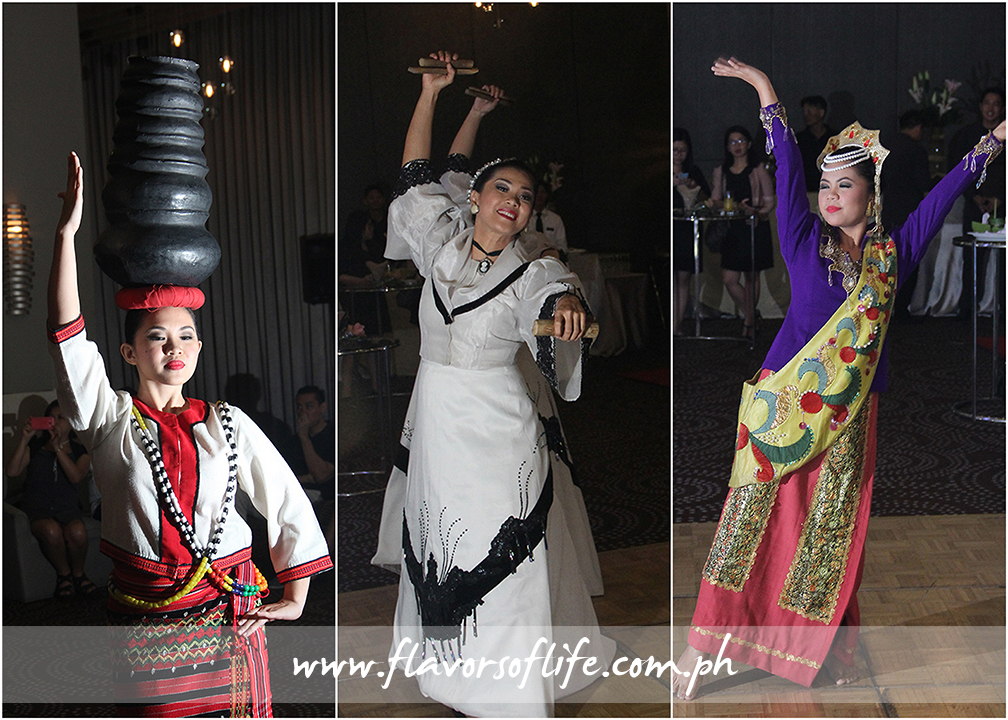 Traditional dances from Luzon (left), Visayas (center) and Mindanao (right) opened F1 Hotel Manila's LuzViMinda 3: Pistang Pinoy food festival