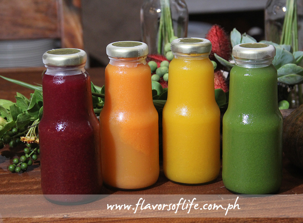 Cold-pressed juices, from right: Red Beet Fusion, Carrot Fusion, Mango Fusion and Energy