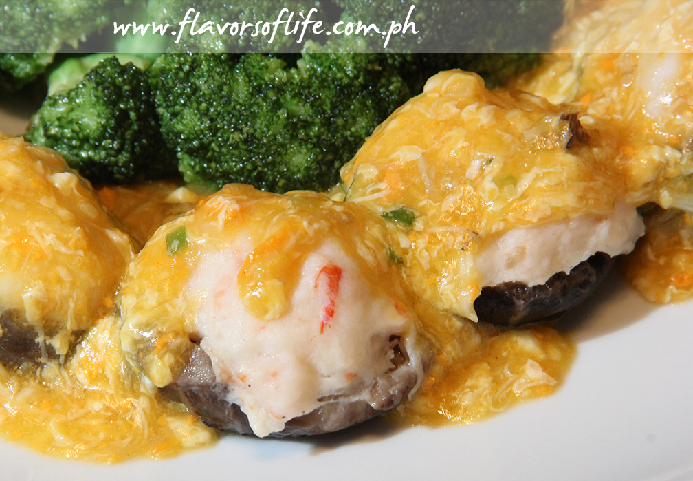 Steamed Stuffed Mushrooms with Shrimp Mousse an Crab Coral Sauce